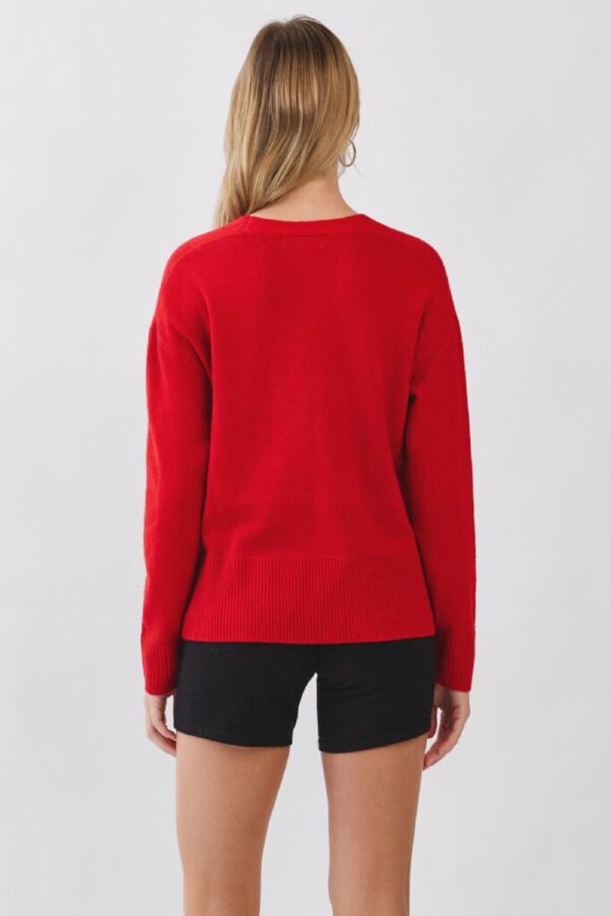 PINCH RED V-NECK DROP SHOULDER LONG SLEEVE SWEATER