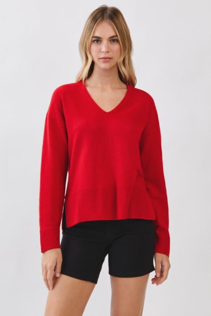 PINCH RED V-NECK DROP SHOULDER LONG SLEEVE SWEATER