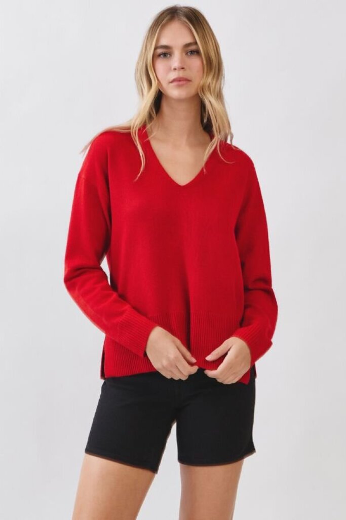 PINCH RED V-NECK DROP SHOULDER LONG SLEEVE SWEATER
