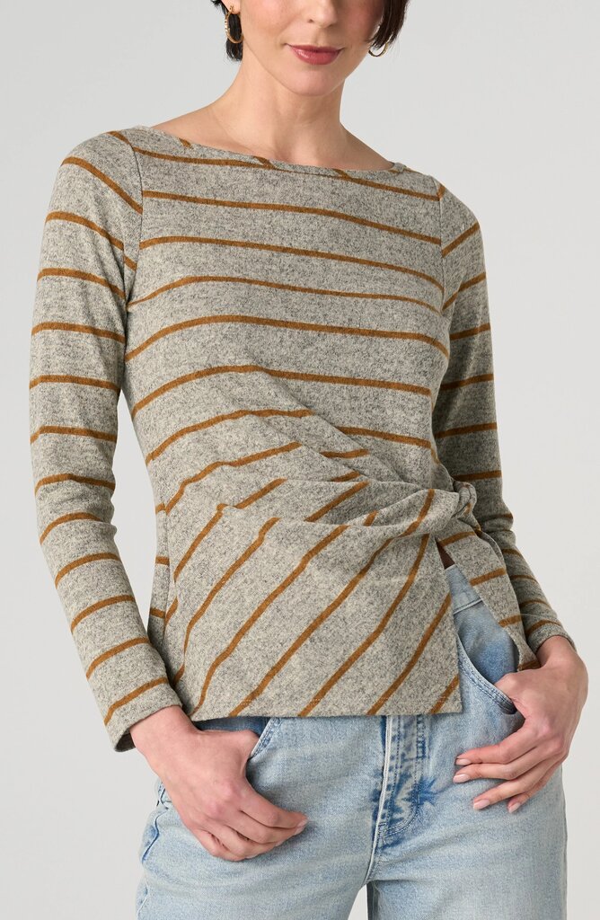 LIVERPOOL Long Sleeve Heather Grey Mustard Stripe Knit Top