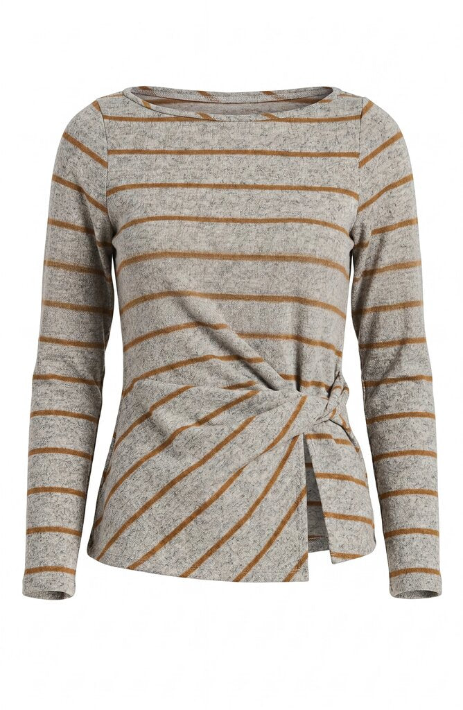 LIVERPOOL Long Sleeve Heather Grey Mustard Stripe Knit Top