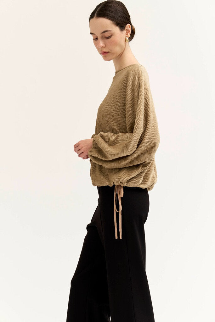 GRADE & GATHER Taupe Long Sleeve Bubble Hem Top