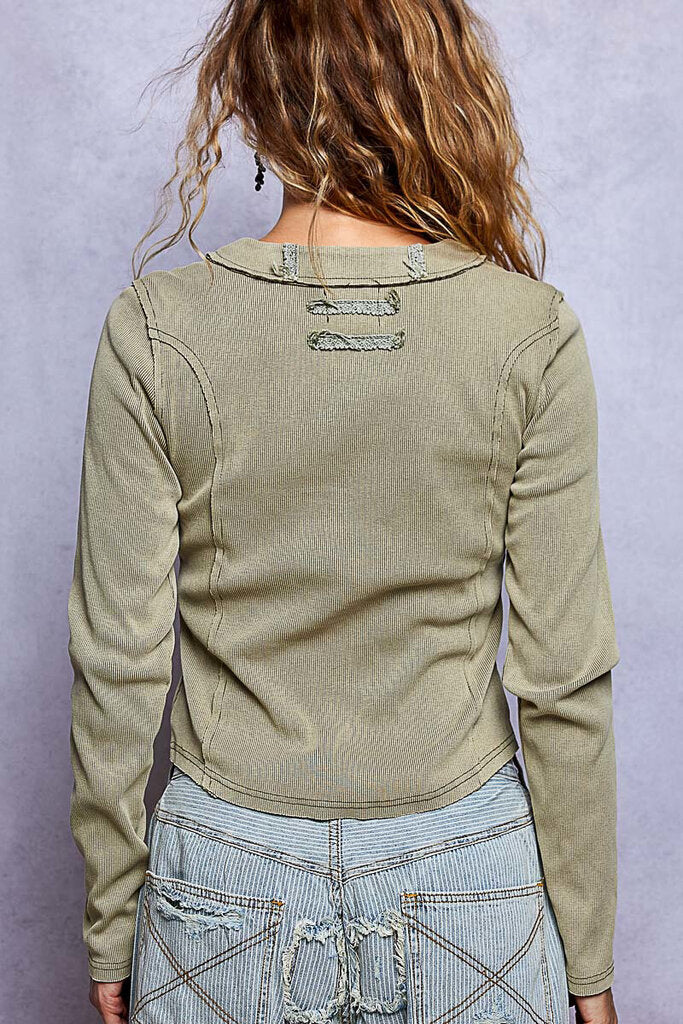 POL Olive Stonewash Long Sleeve button-up Floral Print Top