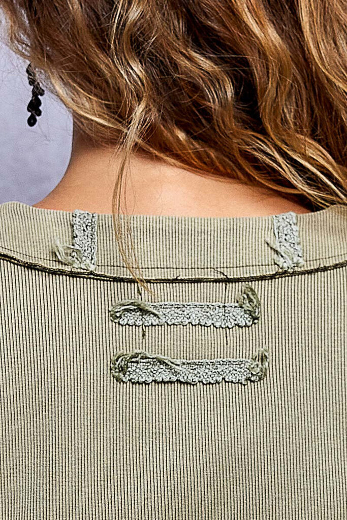 POL Olive Stonewash Long Sleeve button-up Floral Print Top
