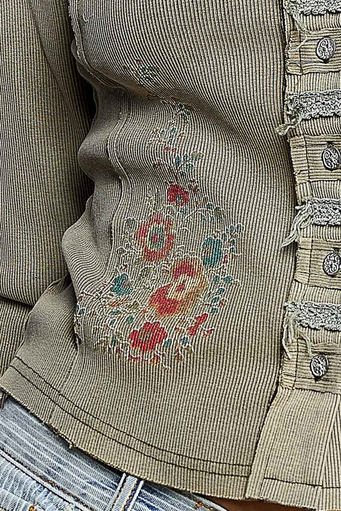POL Olive Stonewash Long Sleeve button-up Floral Print Top