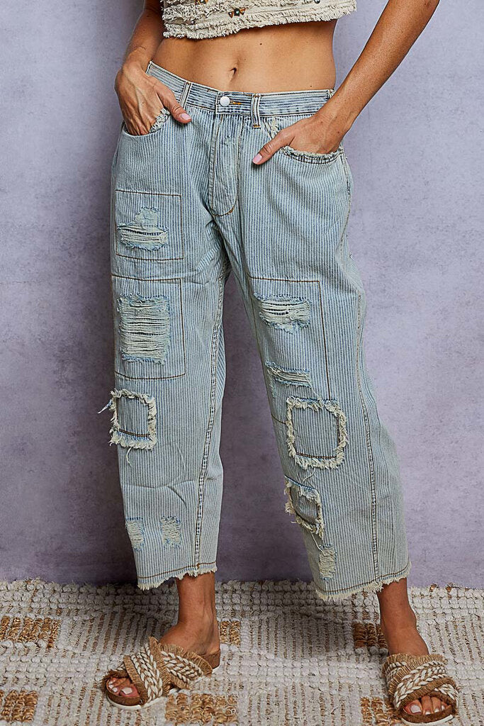 POL Lightweight Stripe Patch Denim Jeans