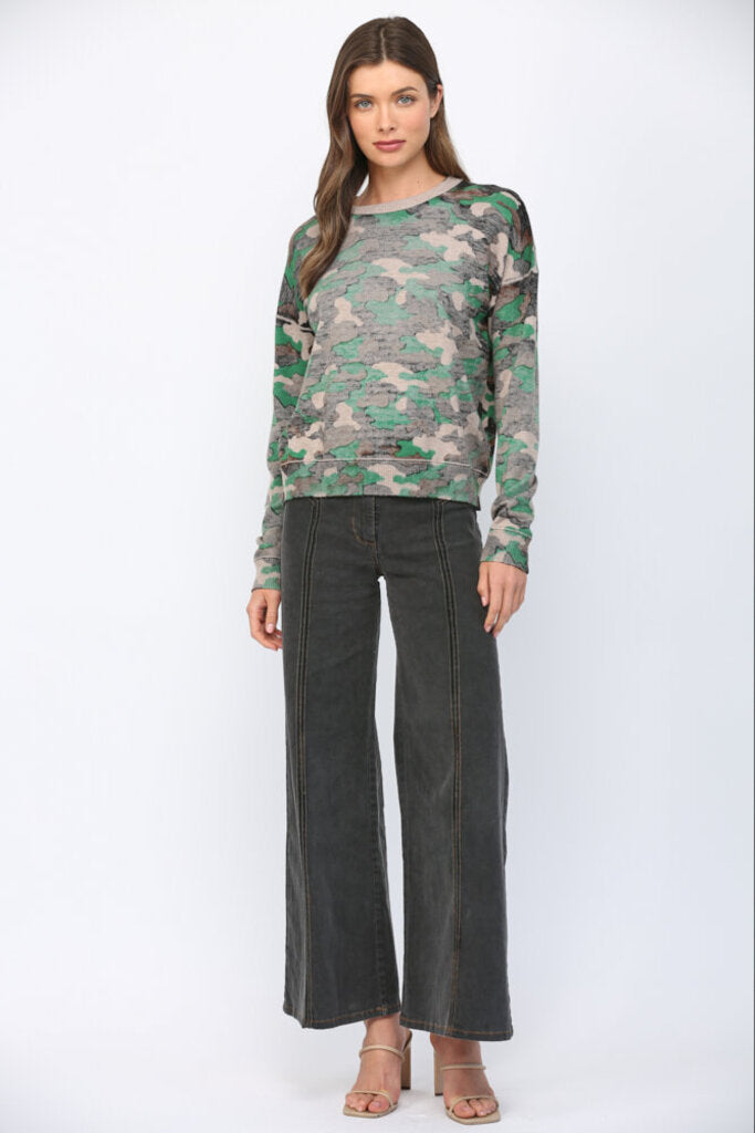 FATE Camo Buttery-Soft Crew Neckline Long Sleeve Sweater