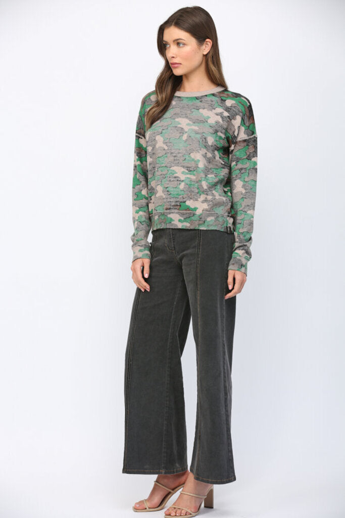 FATE Camo Buttery-Soft Crew Neckline Long Sleeve Sweater