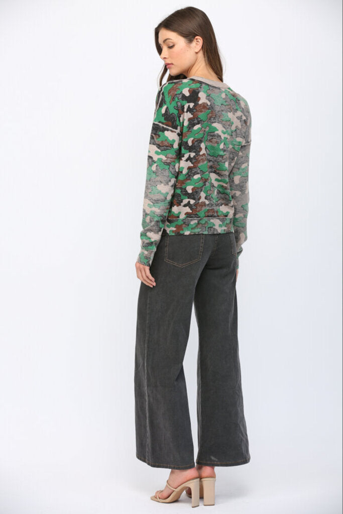 FATE Camo Buttery-Soft Crew Neckline Long Sleeve Sweater
