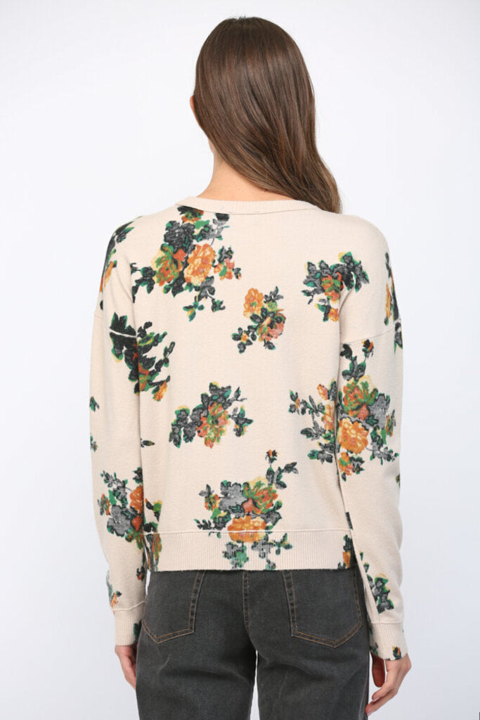 FATE Cream Floral Buttery-Soft Crew Neckline Long Sleeve Sweater