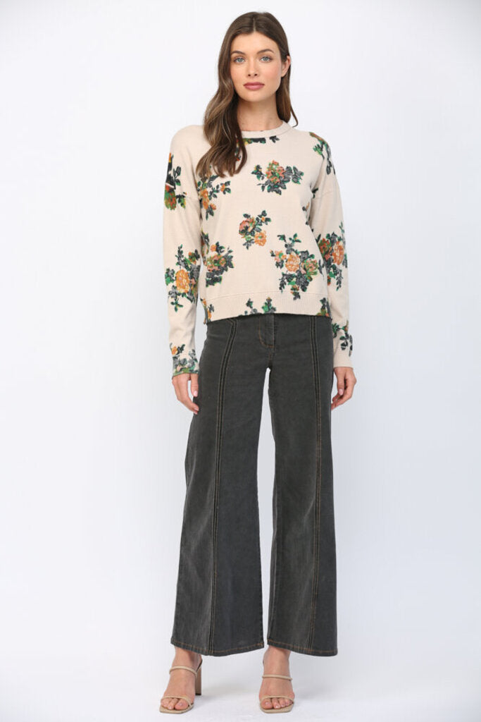 FATE Cream Floral Buttery-Soft Crew Neckline Long Sleeve Sweater