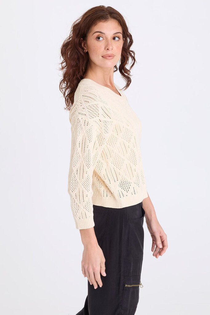 XCVI Cream V-Neck Cotton Open Knit Long Sleeve Sweater