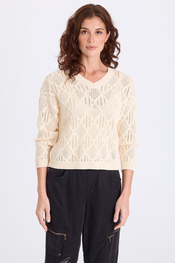 XCVI Cream V-Neck Cotton Open Knit Long Sleeve Sweater