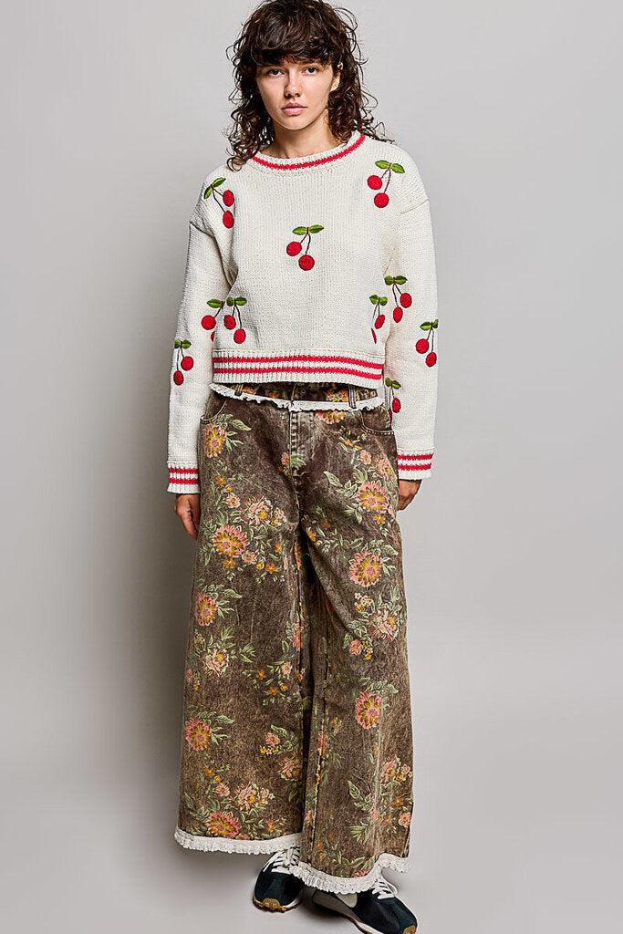 POL Cream Long Sleeve with Embroidered Cherries