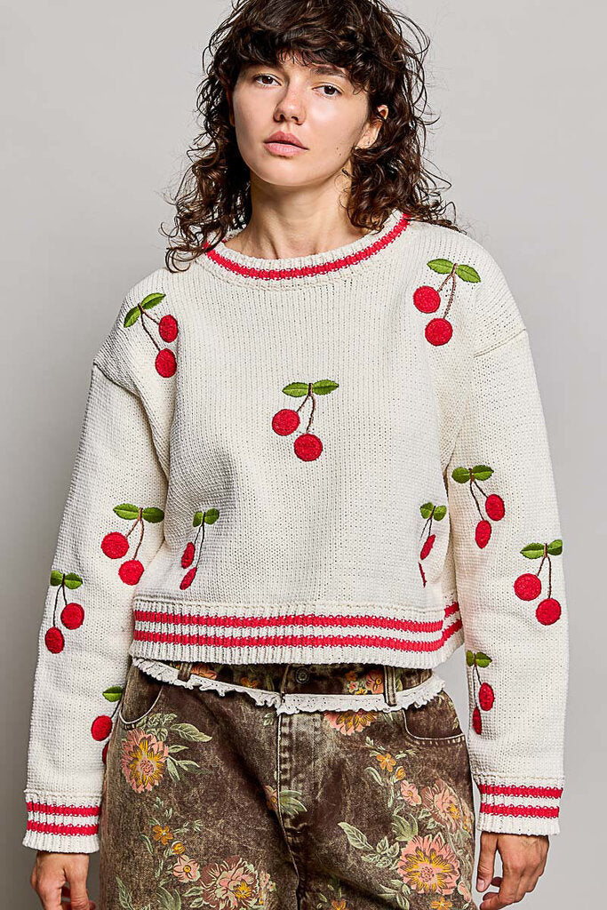 POL Cream Long Sleeve with Embroidered Cherries