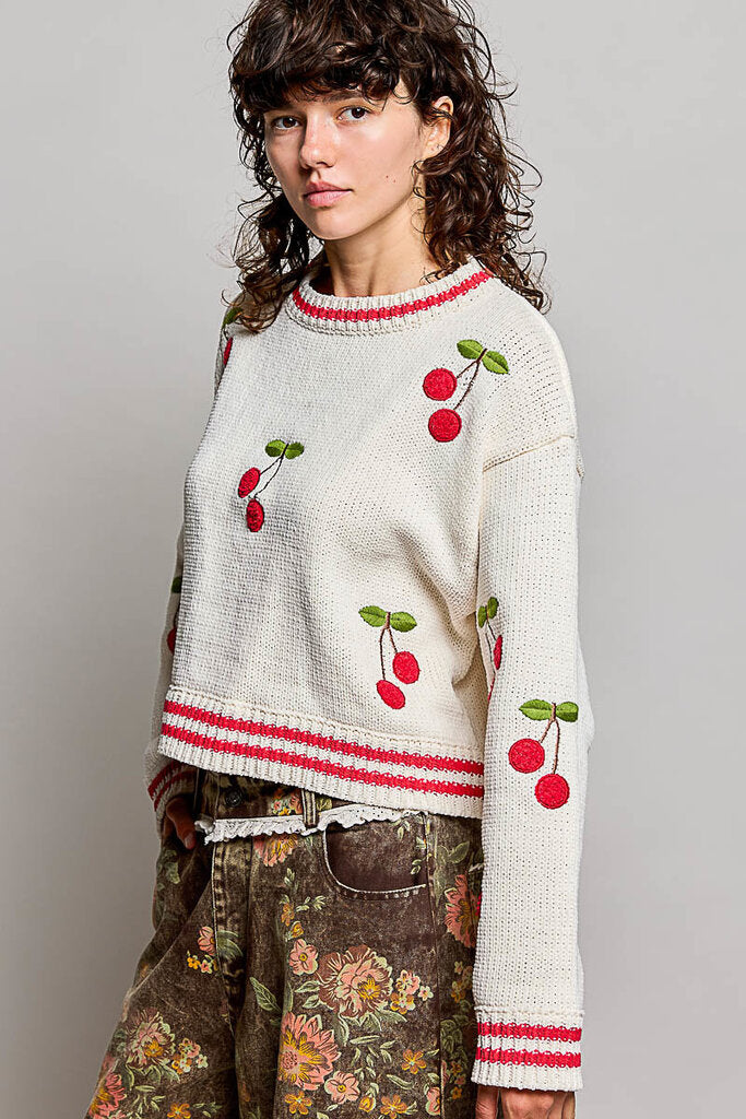 POL Cream Long Sleeve with Embroidered Cherries
