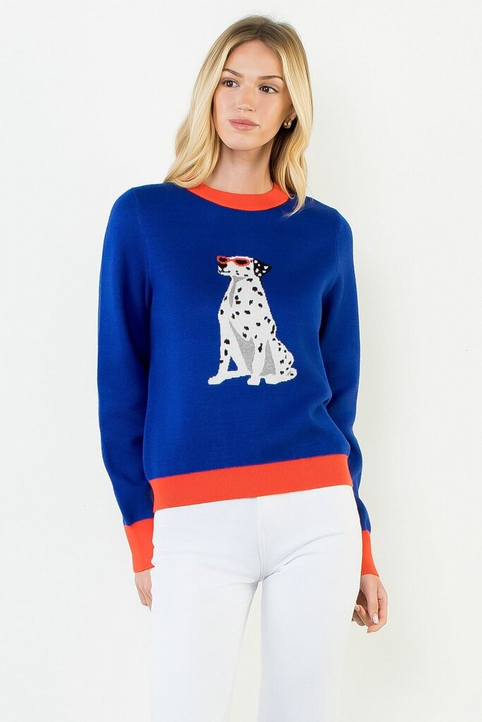 THML Blue and Orange Dog Print Long Sleeve Sweater