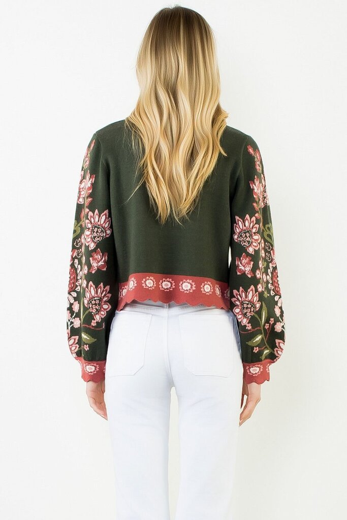 THML Buttery-Soft Green Floral Mix Long Sleeve Sweater