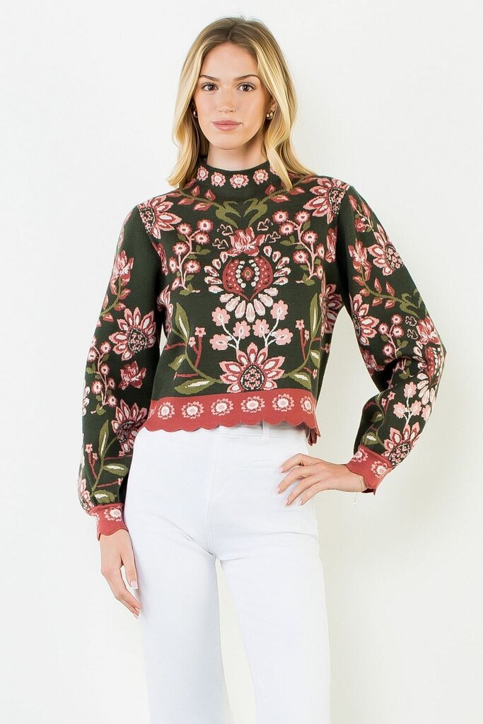 THML Buttery-Soft Green Floral Mix Long Sleeve Sweater