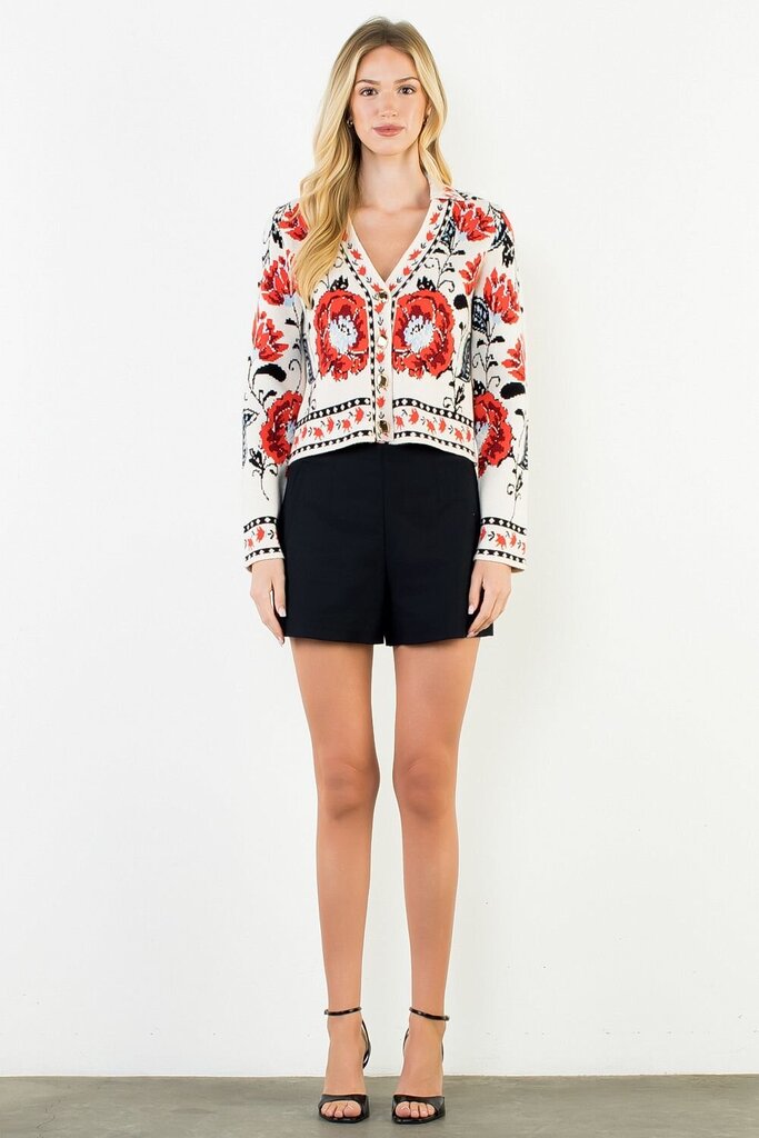 THML Buttery-Soft Cream and Red Floral Mix Long Sleeve Cardigan Sweater