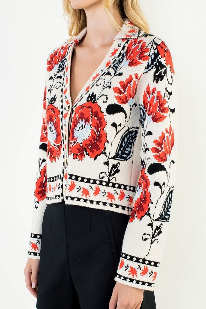THML Buttery-Soft Cream and Red Floral Mix Long Sleeve Cardigan Sweater