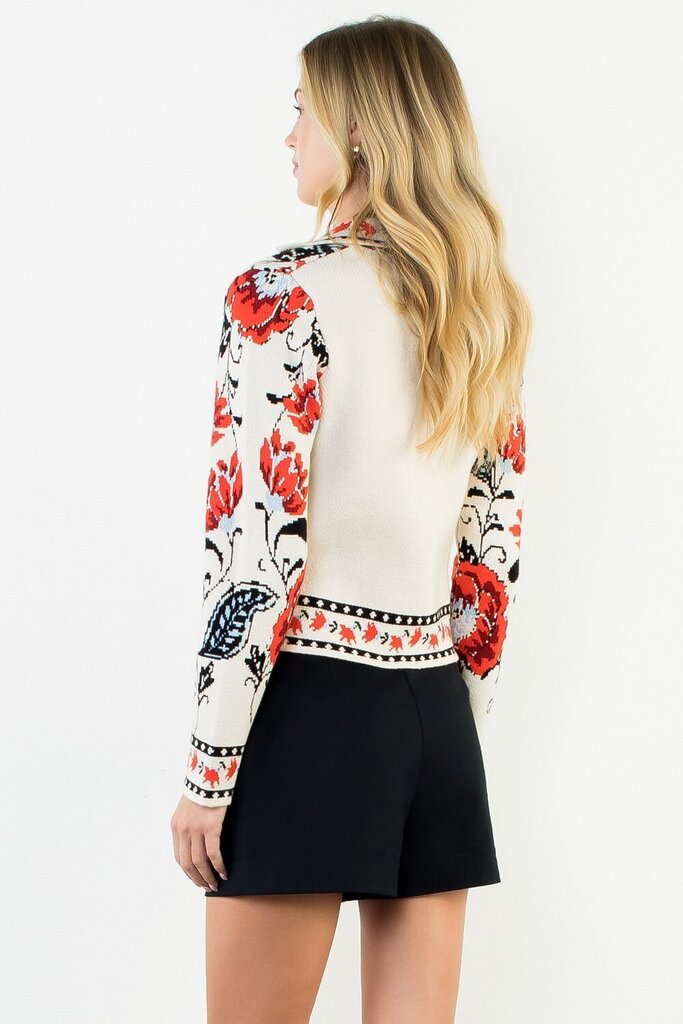 THML Buttery-Soft Cream and Red Floral Mix Long Sleeve Cardigan Sweater