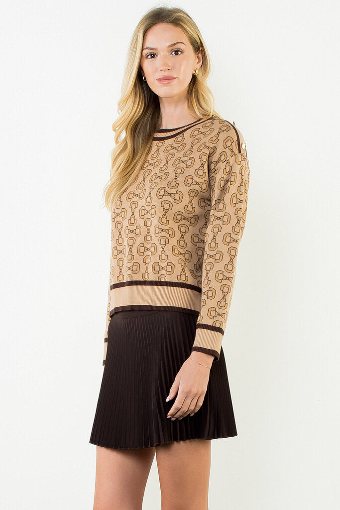 THML Buttery-Soft Tan and Brown Printed Long Sleeve Sweater