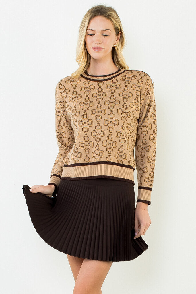 THML Buttery-Soft Tan and Brown Printed Long Sleeve Sweater
