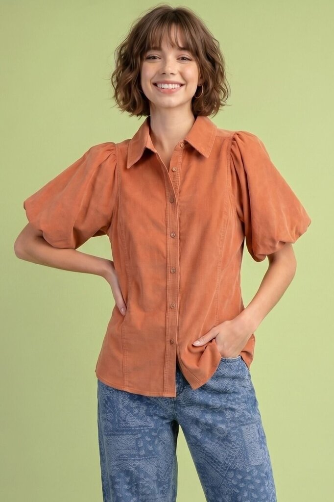 EASEL Salmon Soft Corduroy Button-Down Bubble Short Sleeve Top