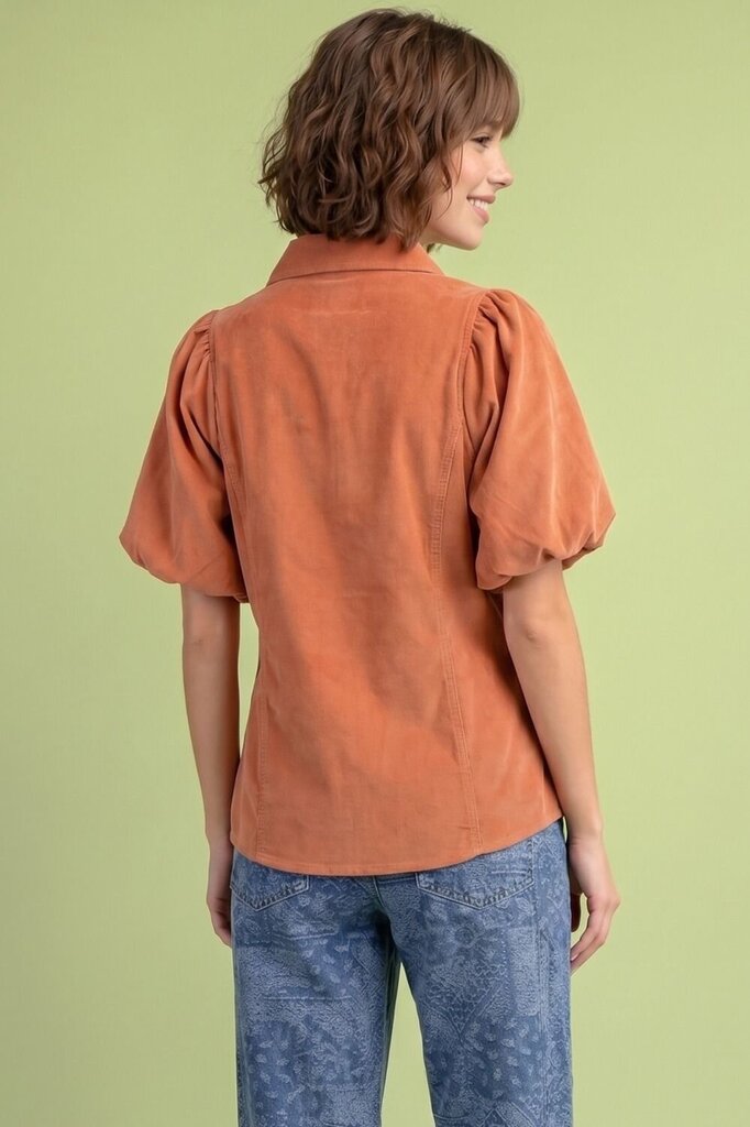 EASEL Salmon Soft Corduroy Button-Down Bubble Short Sleeve Top