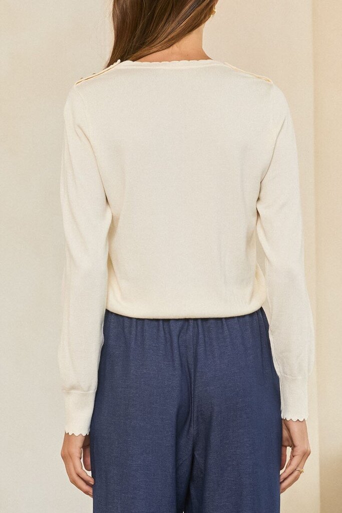 SKIES ARE BLUE Cream Long Sleeve with Gold Buttoned Shoulder Sweater