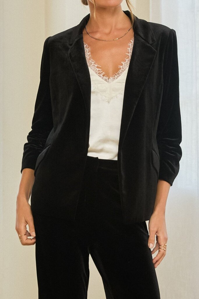 SKIES ARE BLUE Black Velvet with Ruched Sleeves Blazer Jacket