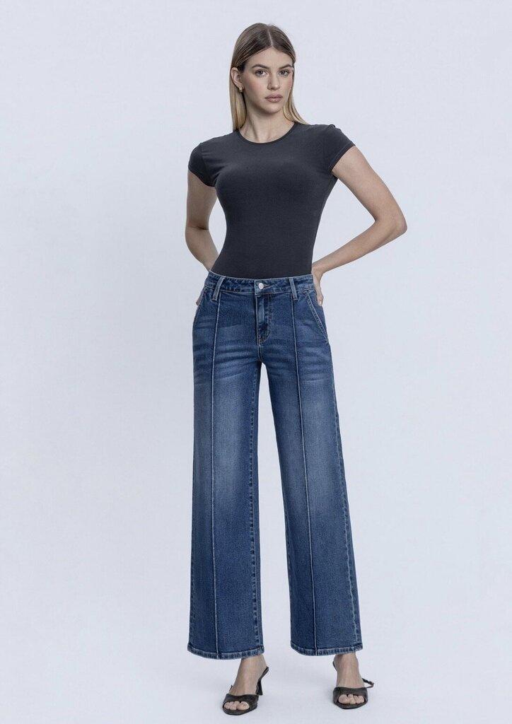 LOVERVET High Rise Dark Wash Pintuck Wide Leg Jeans