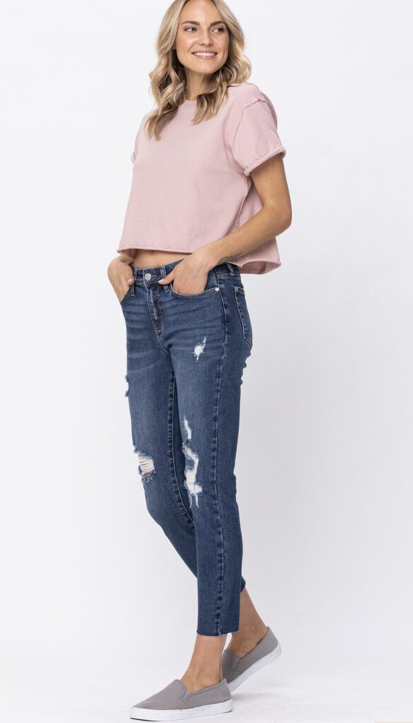 JUDY BLUE Mid-Rise Cut Off Hem Relaxed Fit Jean