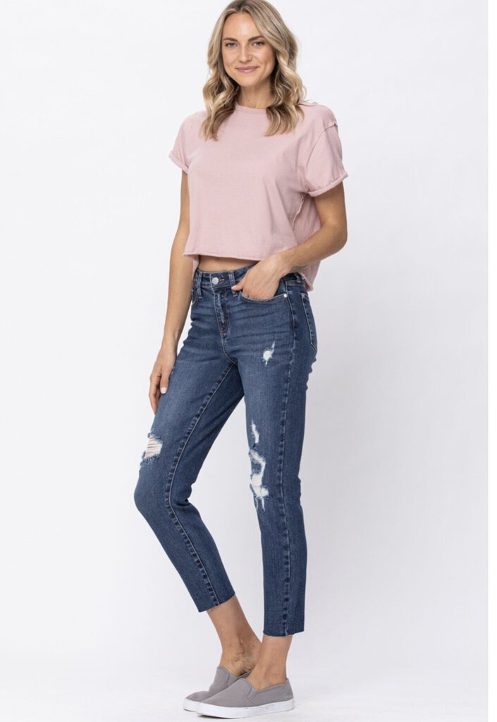 JUDY BLUE Mid-Rise Cut Off Hem Relaxed Fit Jean