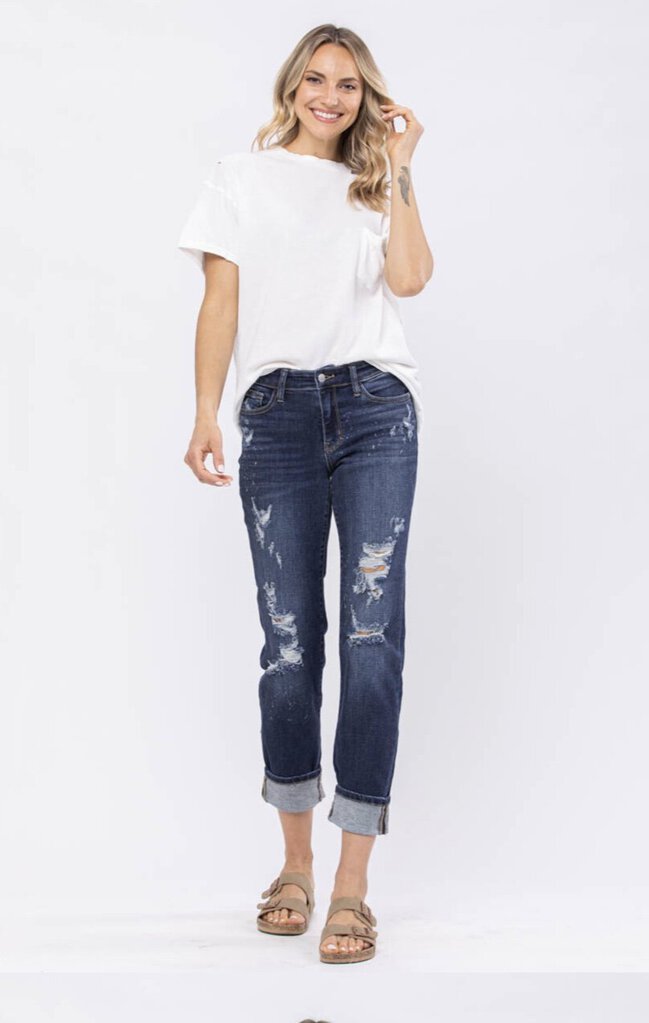 JUDY BLUE Cuffed Mid Rise Distressed Boyfriend Jean