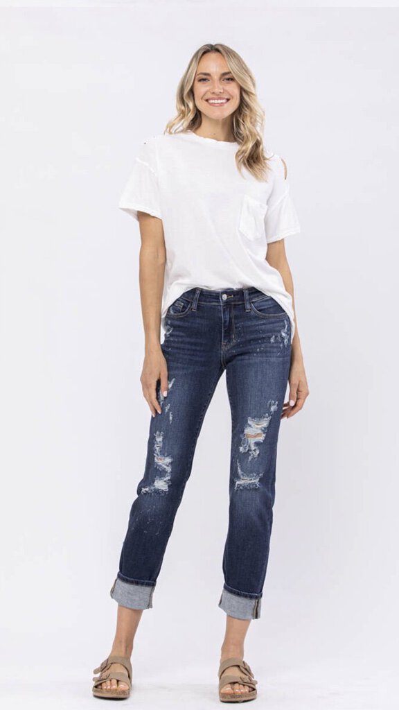 JUDY BLUE Cuffed Mid Rise Distressed Boyfriend Jean