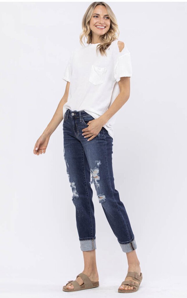 JUDY BLUE Cuffed Mid Rise Distressed Boyfriend Jean