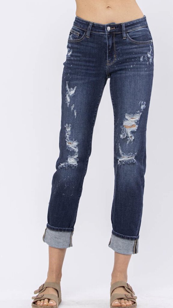 JUDY BLUE Cuffed Mid Rise Distressed Boyfriend Jean