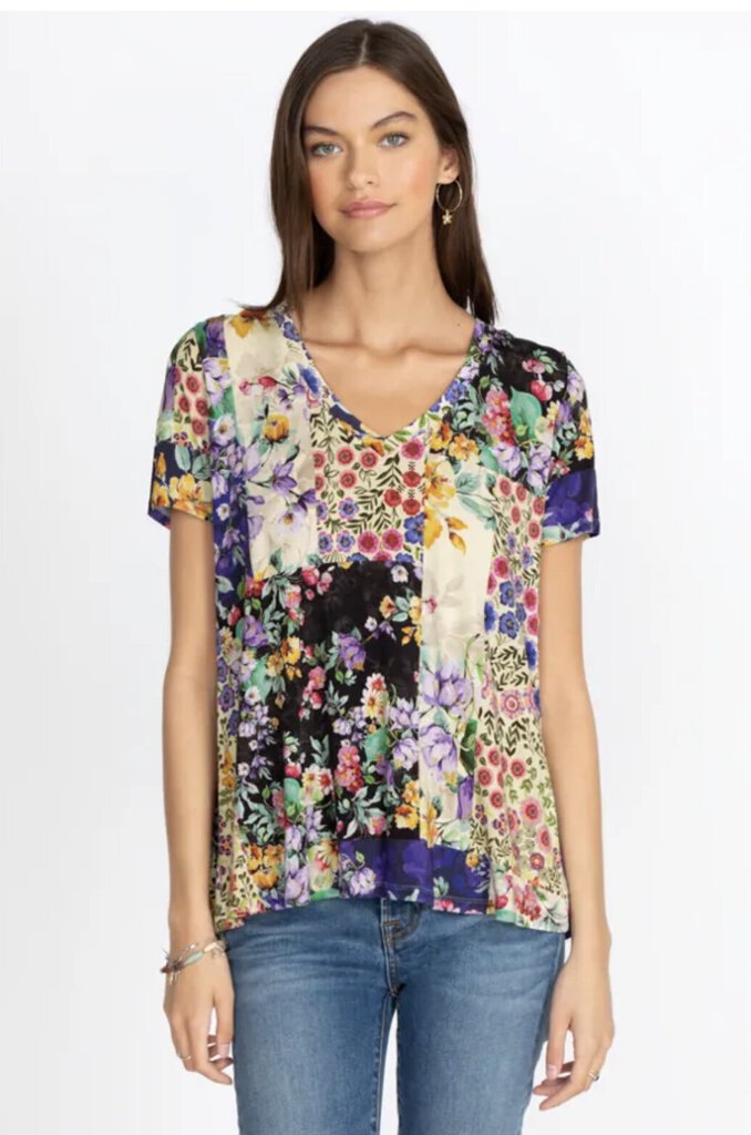 JOHNNY WAS Sky Flower Top V-Neck Bamboo Short Sleeve Swing Tee