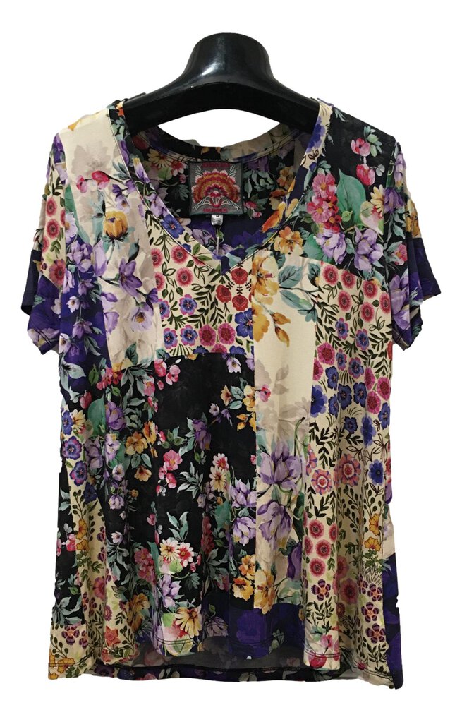 JOHNNY WAS Sky Flower Top V-Neck Bamboo Short Sleeve Swing Tee
