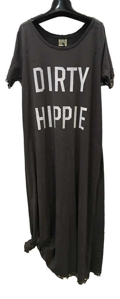 JADED GYPSY Long Vintage Grey Distress Short Sleeve Dirty Hippie Dress