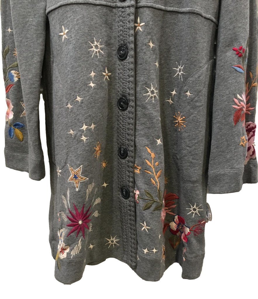 JOHNNY WAS Grey French Terry Embroidered Long Sleeve Coat