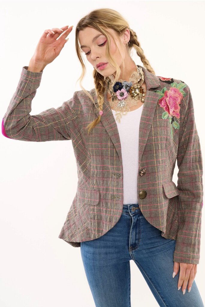 ARATTA Smoky Ash Gabriella Plaid Button-up Blazer Jacket with Embroidery and Applique