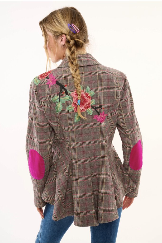 ARATTA Smoky Ash Gabriella Plaid Button-up Blazer Jacket with Embroidery and Applique