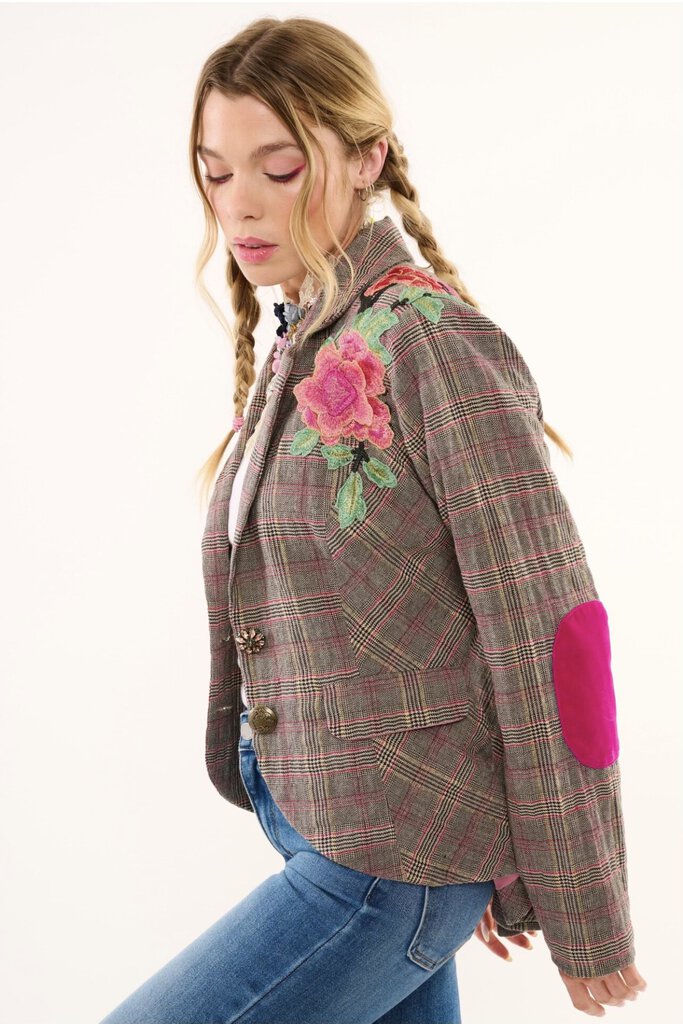 ARATTA Smoky Ash Gabriella Plaid Button-up Blazer Jacket with Embroidery and Applique