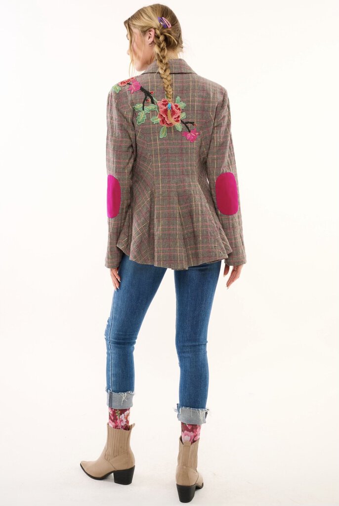 ARATTA Smoky Ash Gabriella Plaid Button-up Blazer Jacket with Embroidery and Applique