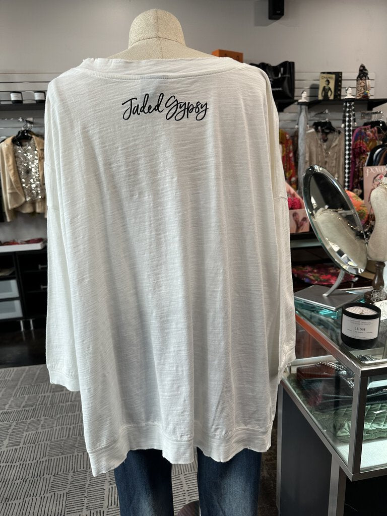 JADED GYSPY White Mid Sleeve Dandelion Dream Peace Top Made in the USA