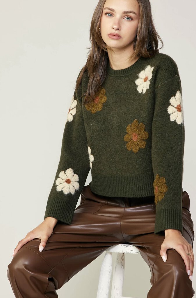 CURRENT AIR Green Moss Motif Round Neck Sweater
