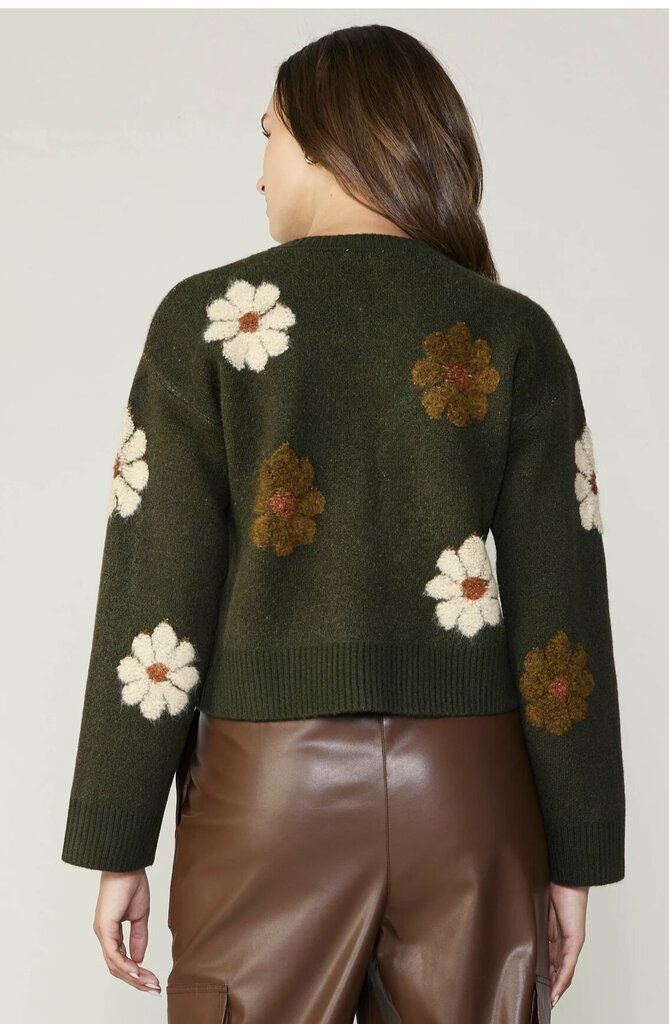 CURRENT AIR Green Moss Motif Round Neck Sweater